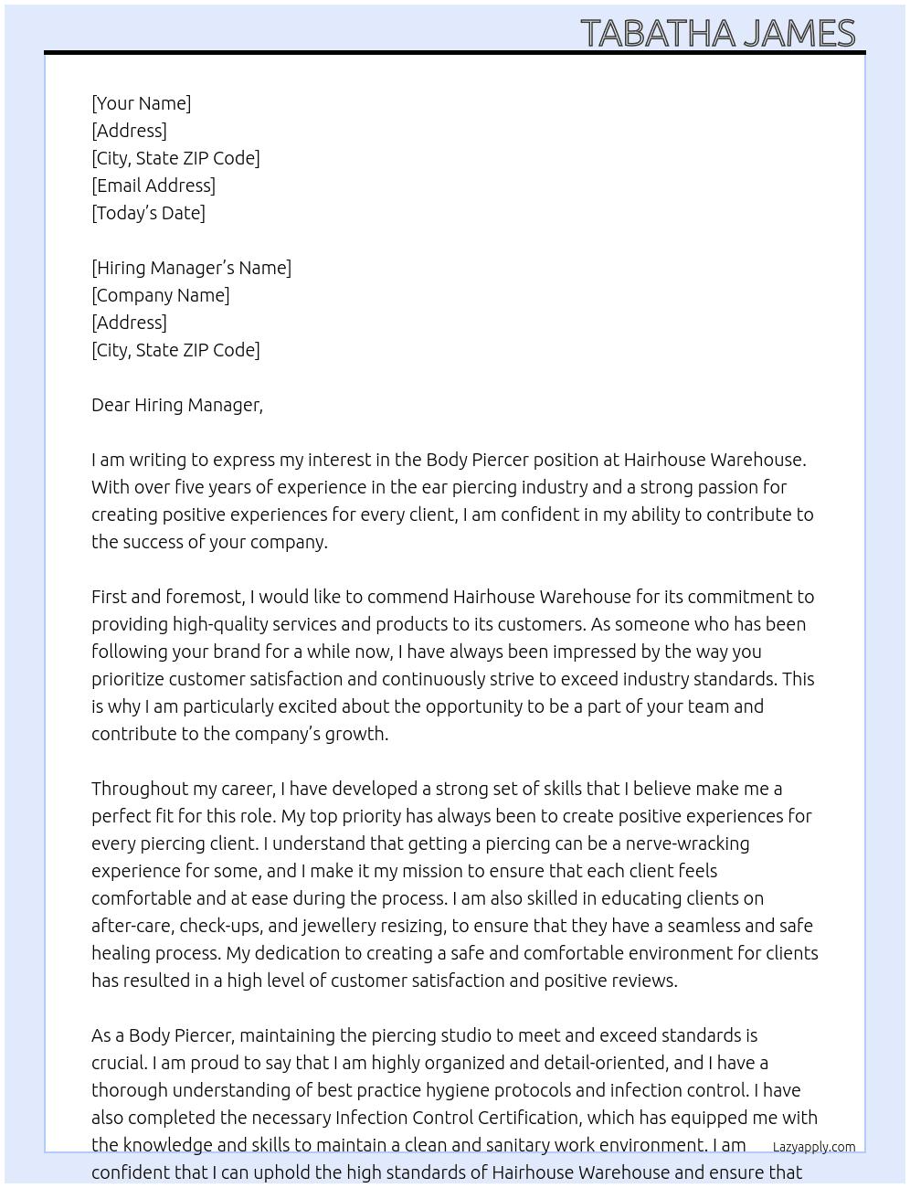 Body Piercer  At Hairhouse Warehouse  Cover Letter