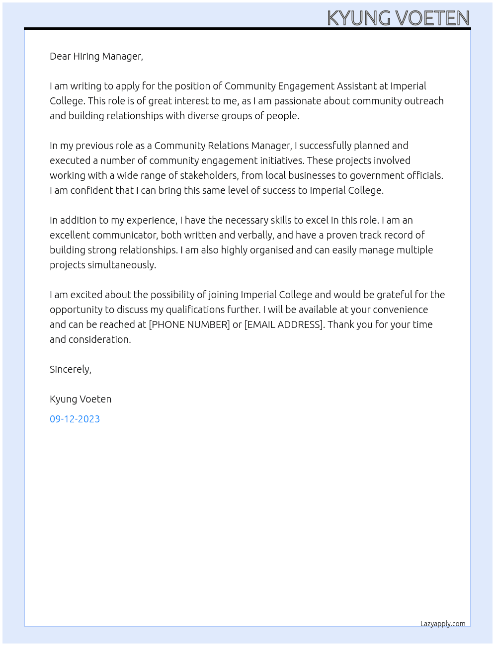 Community Engagement Assistant At Imperial College Cover Letter