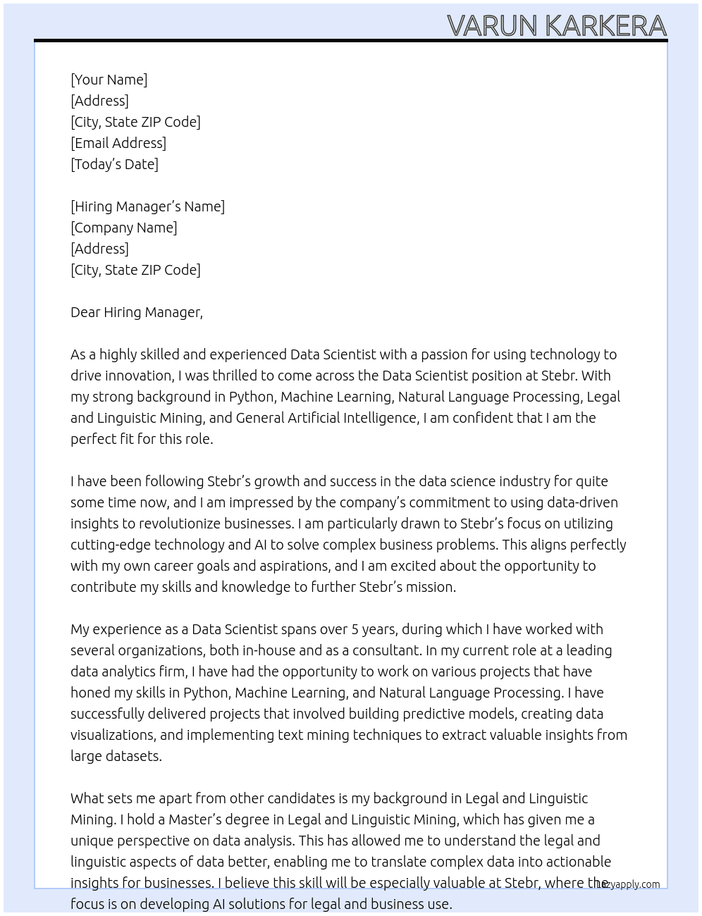 Data Scientist At Stebr Cover Letter