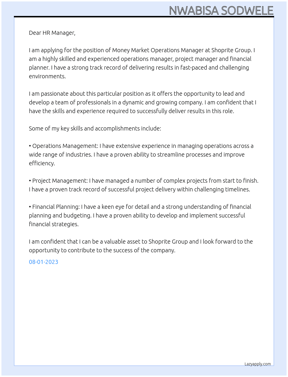 Money Market Operations Manager At Shoprite Group Cover Letter