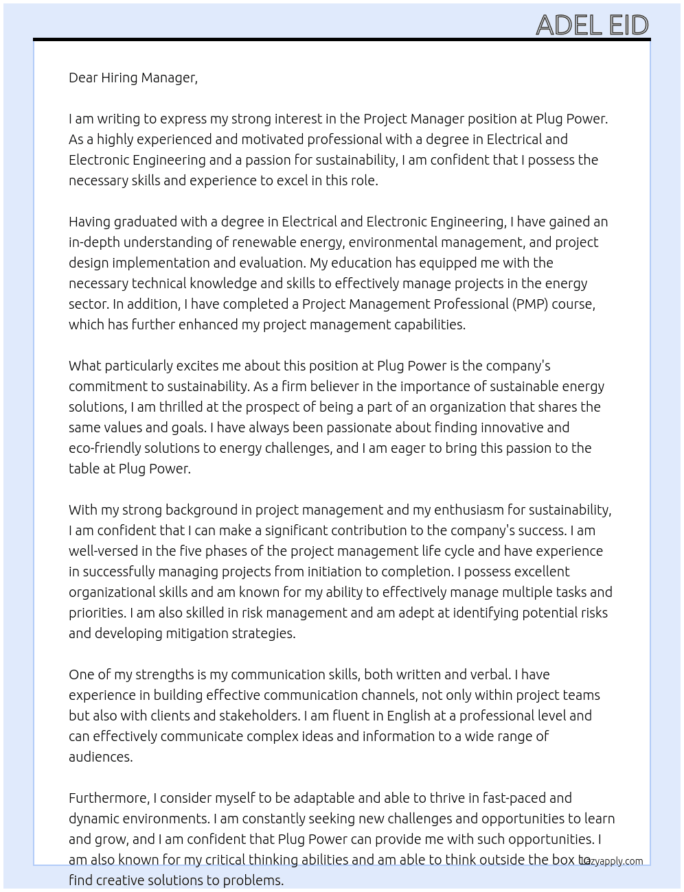 Project Manager At Plug Power Cover Letter