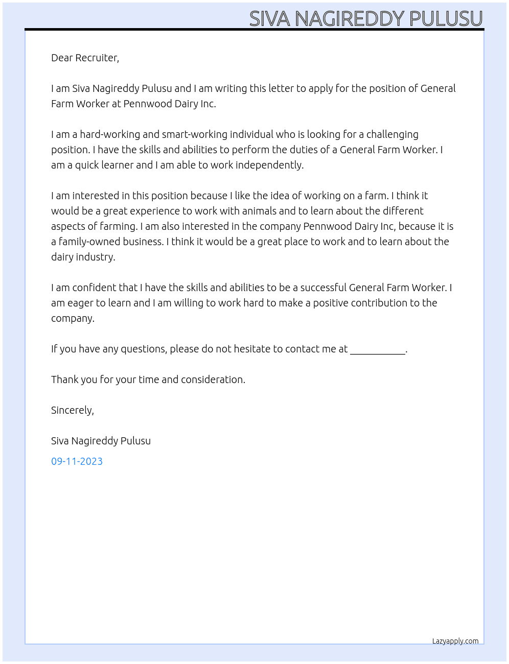 General Farm Worker At Pennwood dairy inc Cover Letter