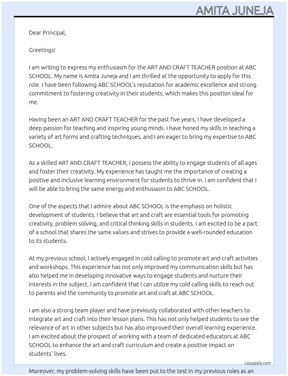 ART AND CRAFT TEACHER  At ABC SCHOOL Cover Letter