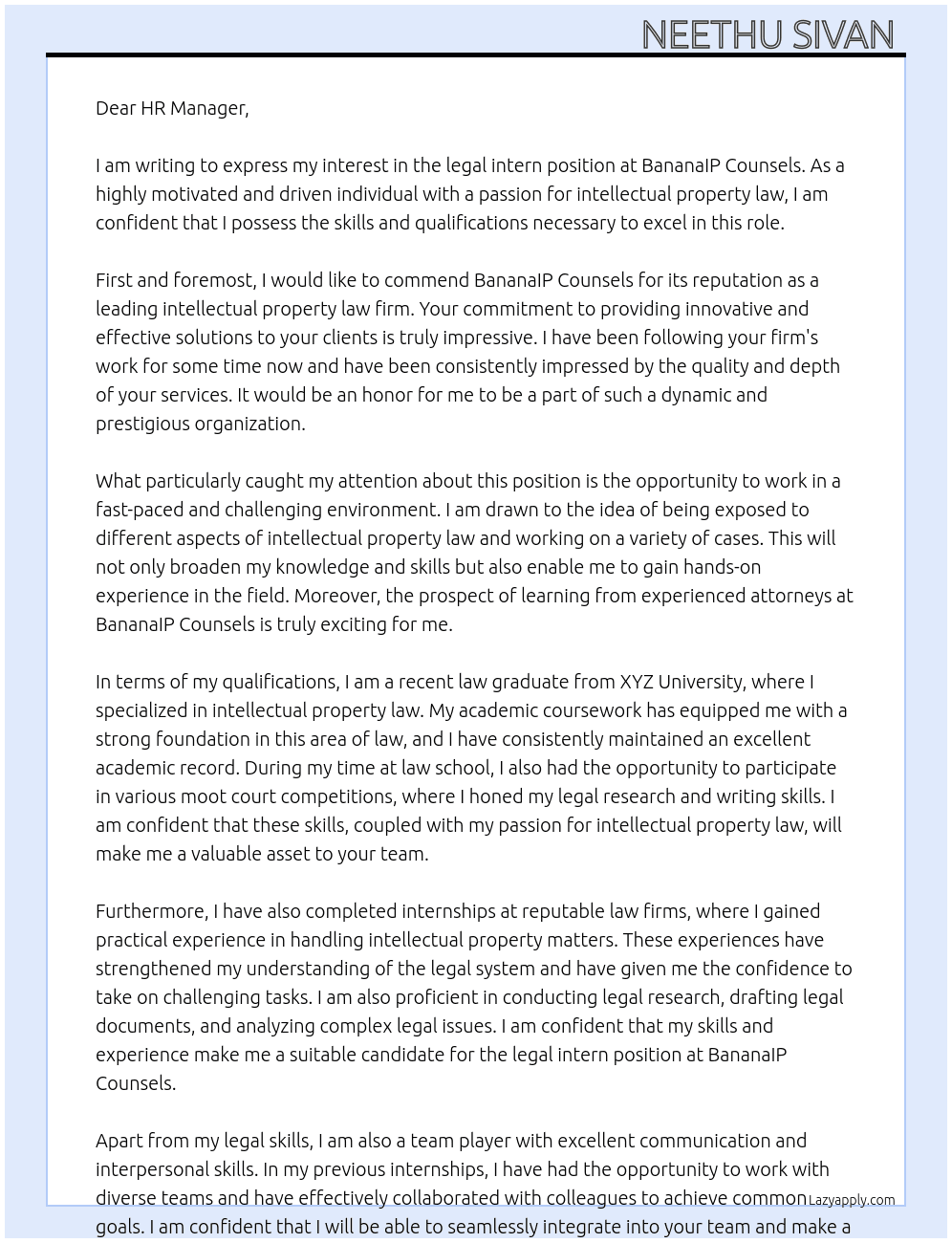 legal intern At BananaIP Counsels Cover Letter