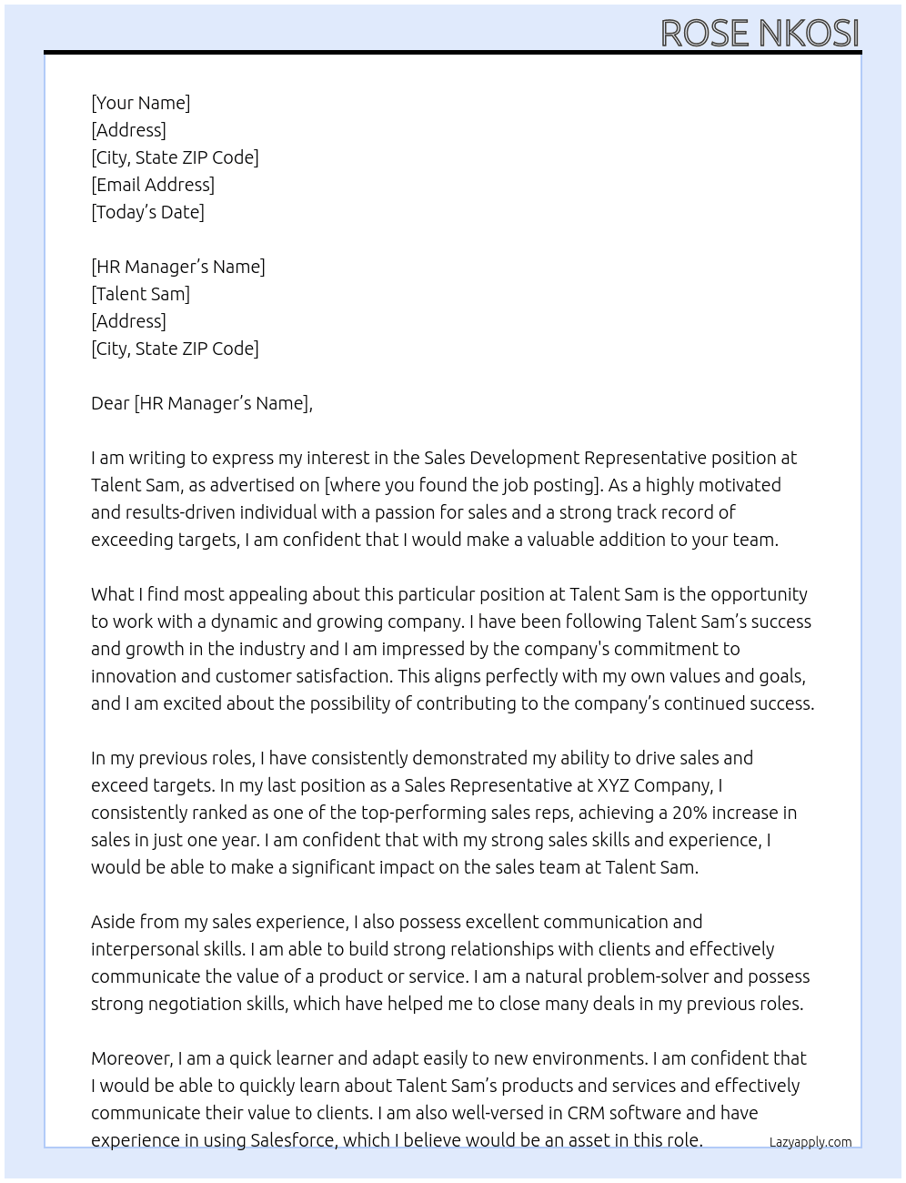 Sales development represantative At Talent Sam Cover Letter