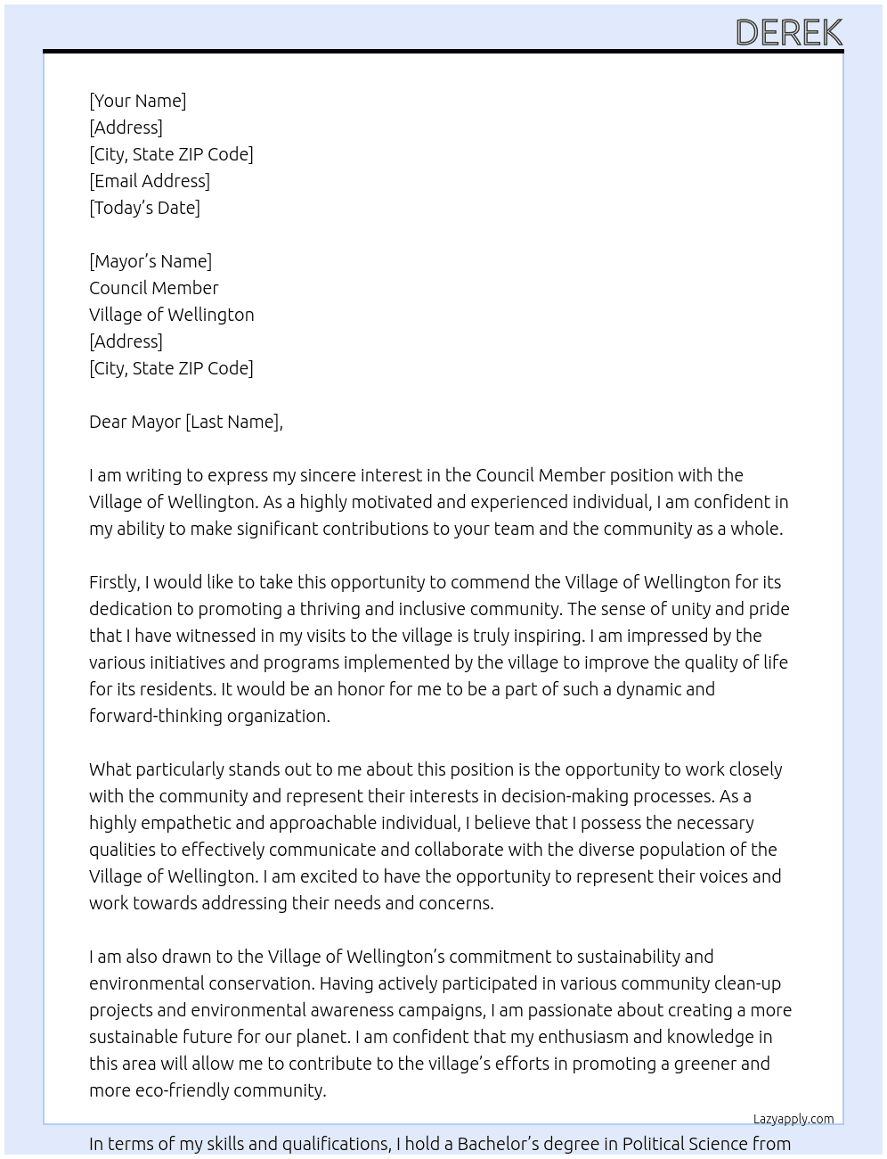 Council Member At Village of Wellington  Cover Letter