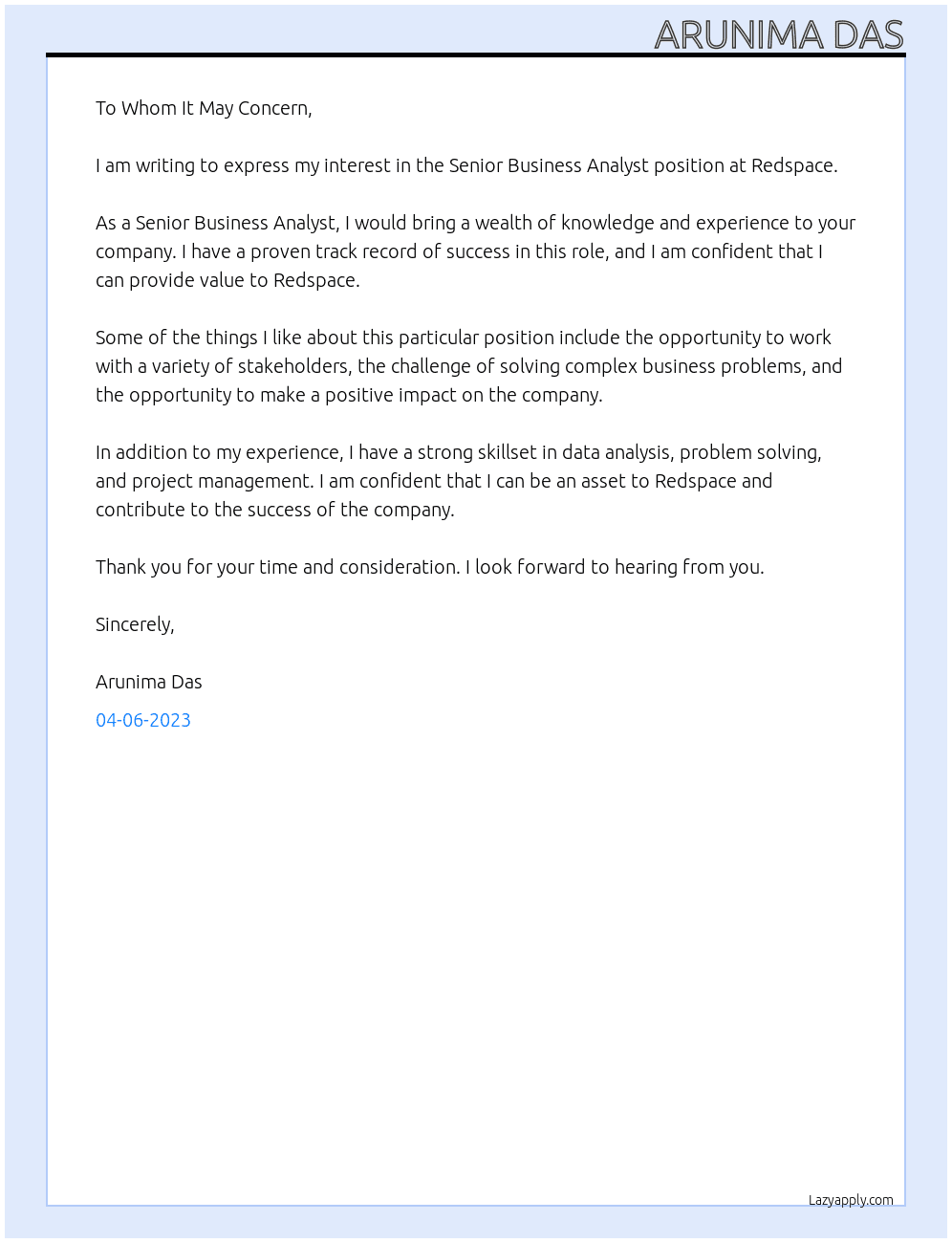 Senior Business Analyst At Redspace Cover Letter