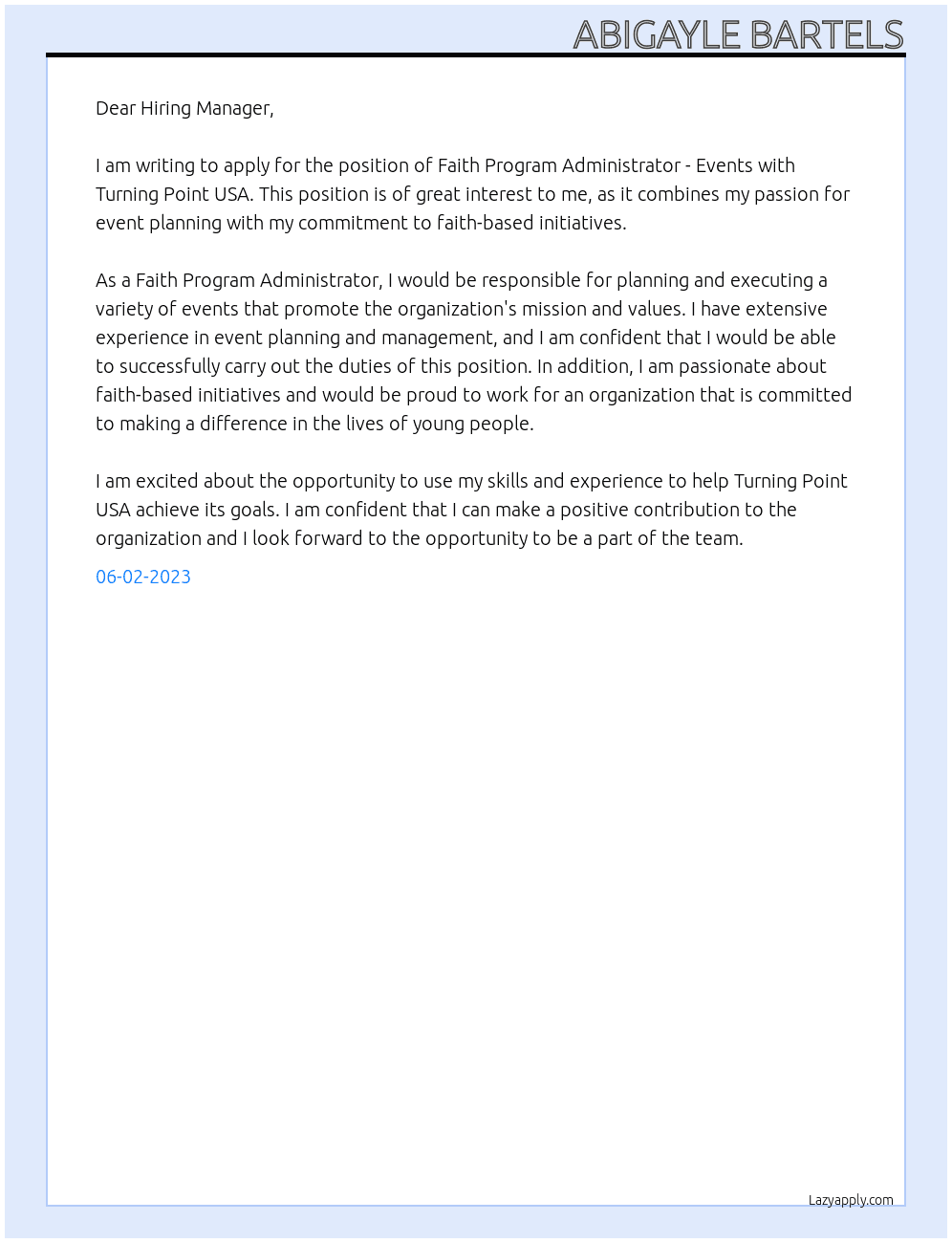 Faith Program Administrator - Events At Turning Point USA Cover Letter