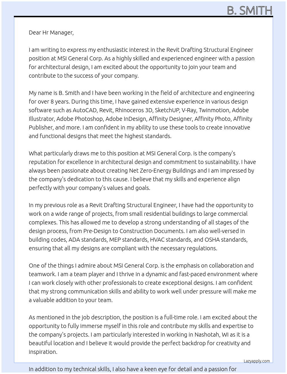 Revit Drafting Structural Engineer At MSI General Corp. Cover Letter
