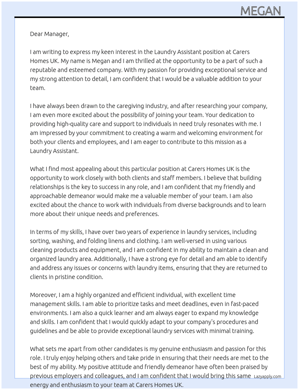 Laundry assistant  At Carers homes uk  Cover Letter