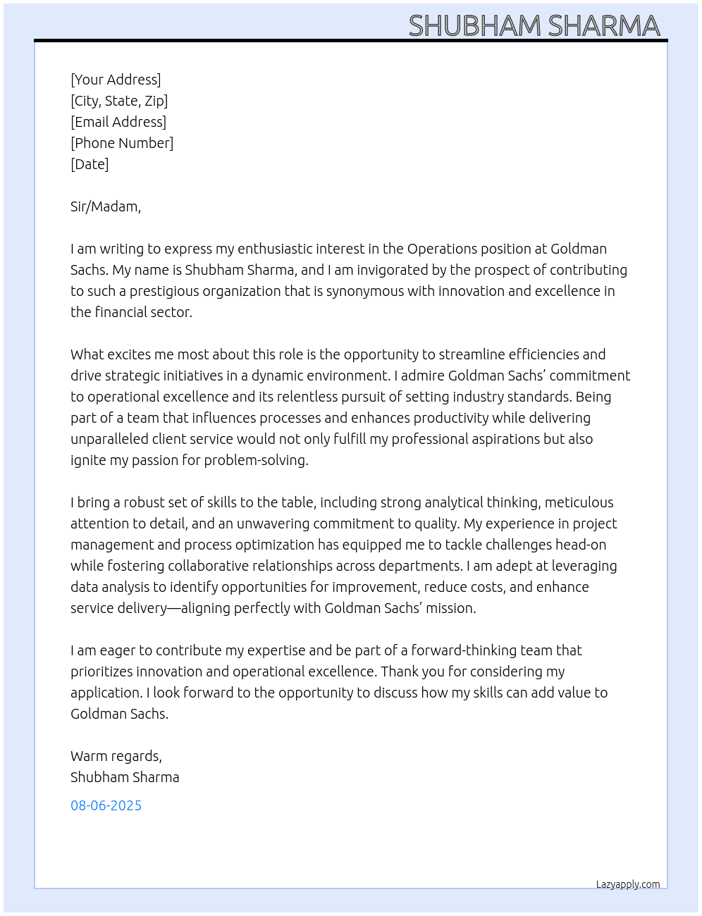 Cover letter for operation - LazyApply