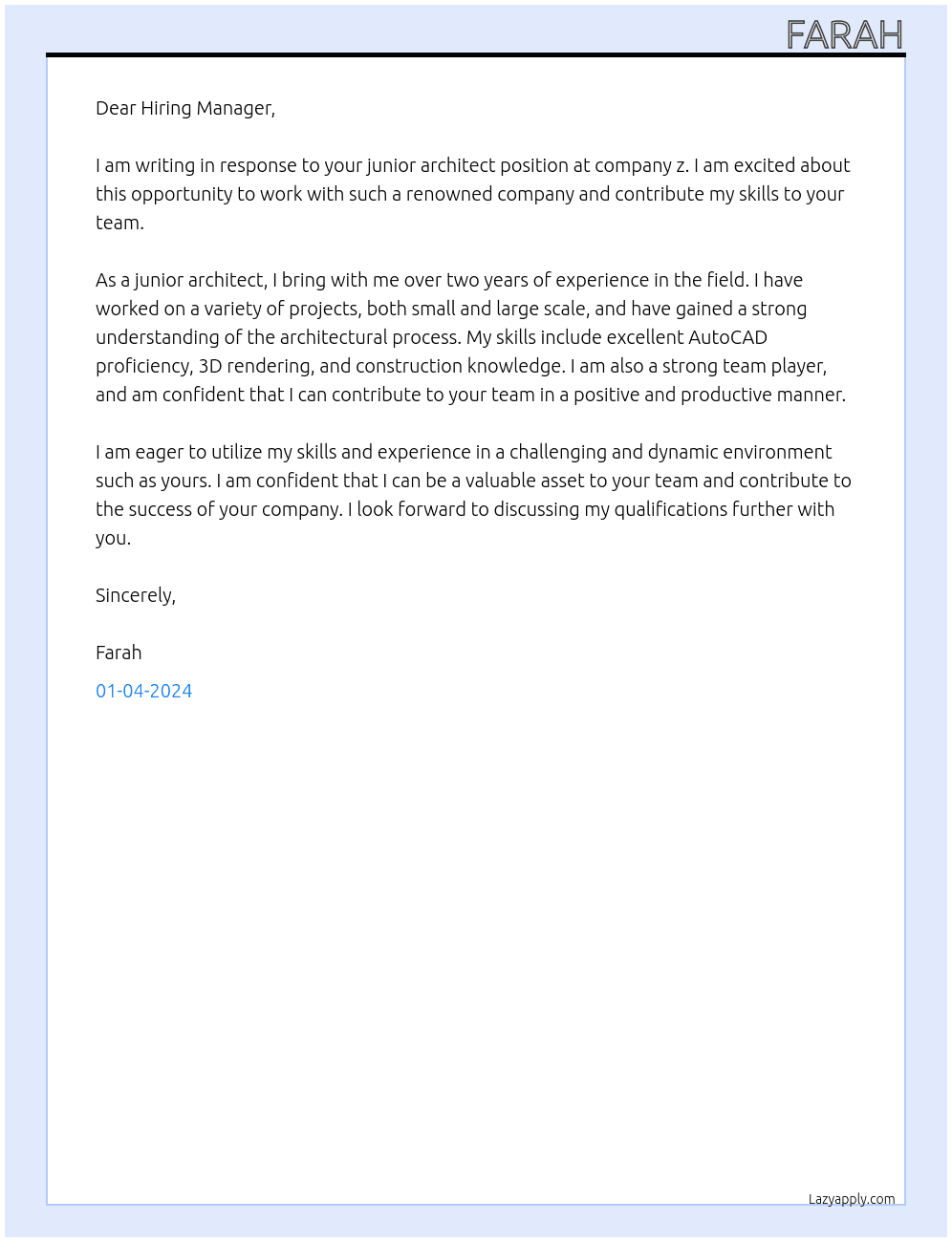 Junior Architect At z Cover Letter