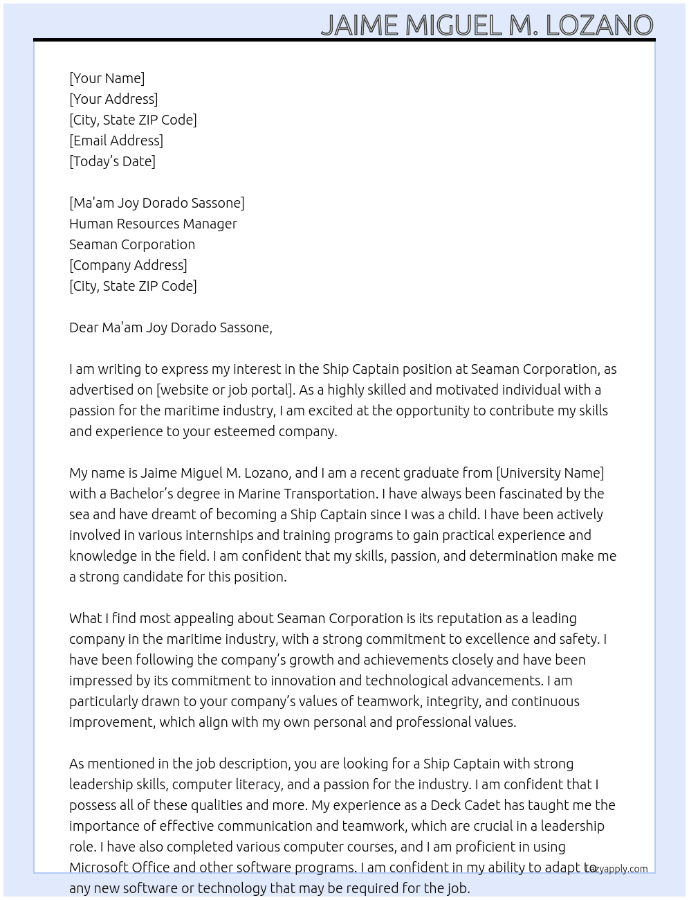 Ship Captain At Seaman corporation Cover Letter