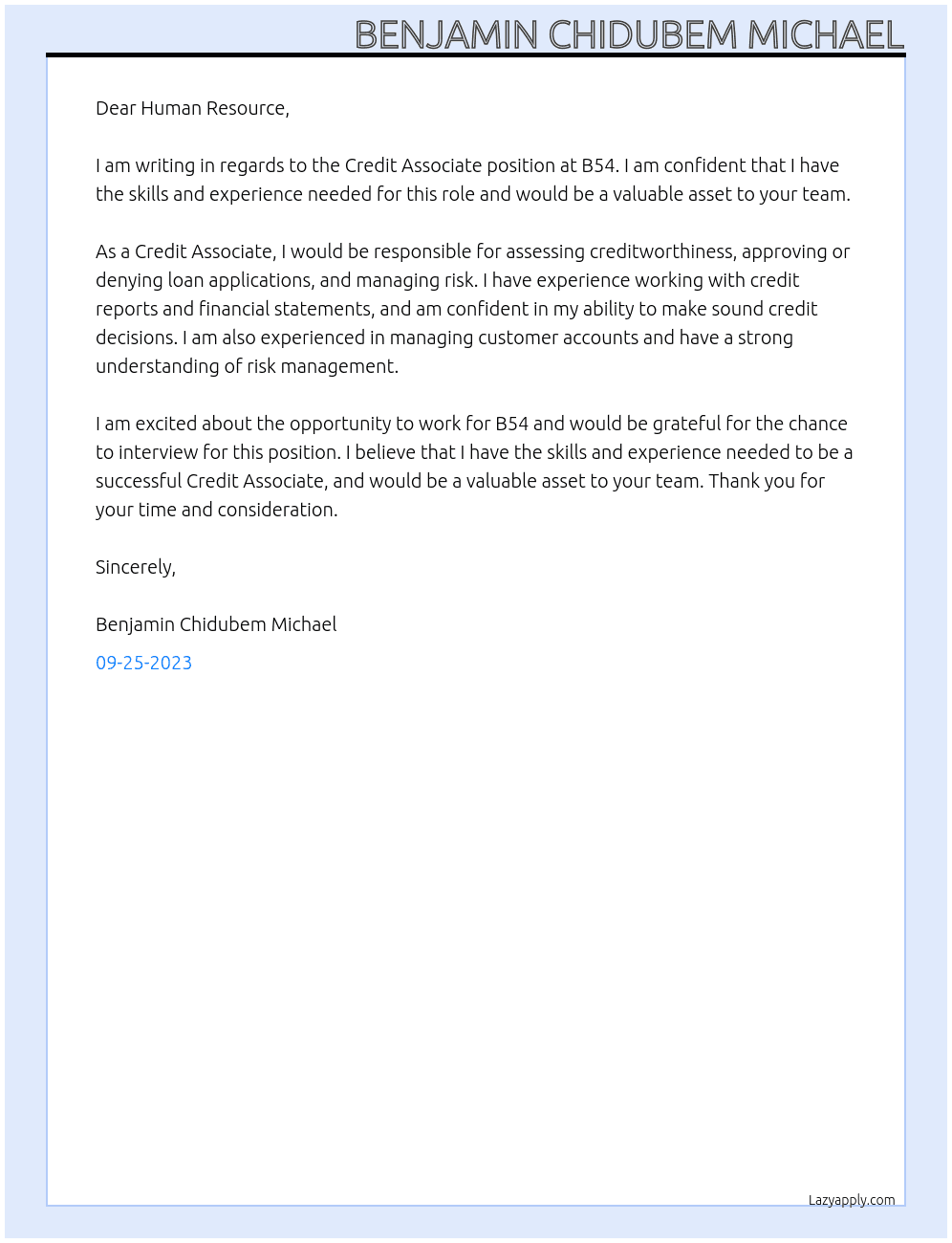 Credit Associate At B54 Cover Letter