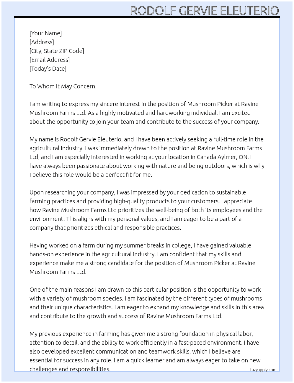 Mushroom Picker At Ravine Mushroom Farms Ltd Cover Letter