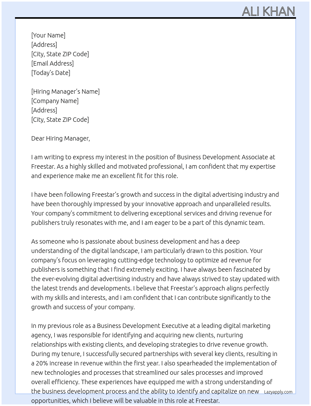 Business Development Associate At Freestar Cover Letter