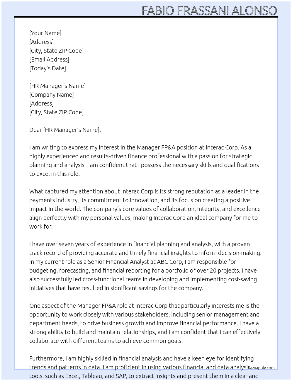 Manager FP&A At Interac Corp Cover Letter
