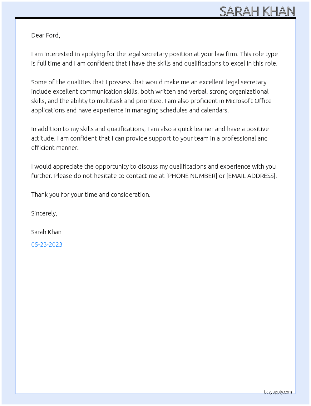 Legal Secretary  At Law Firm Cover Letter