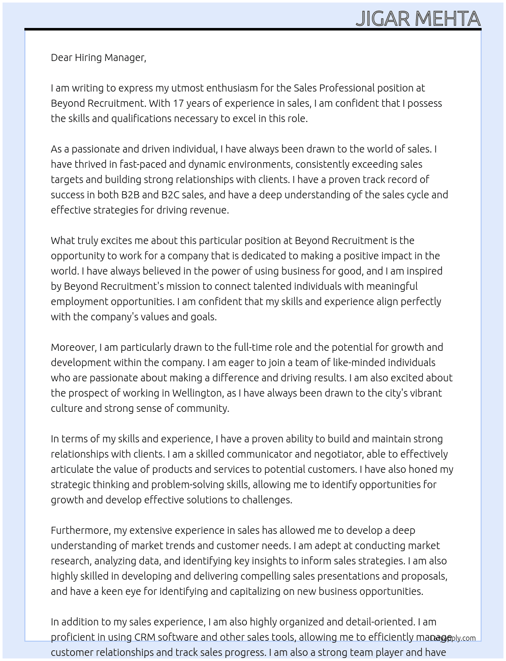 Sales Professional At Beyond Recruitment Cover Letter
