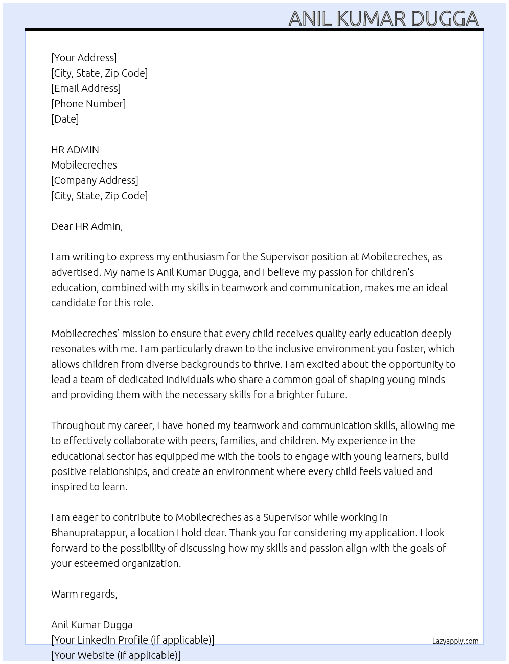 Supervisor At Mobilecreches Cover Letter