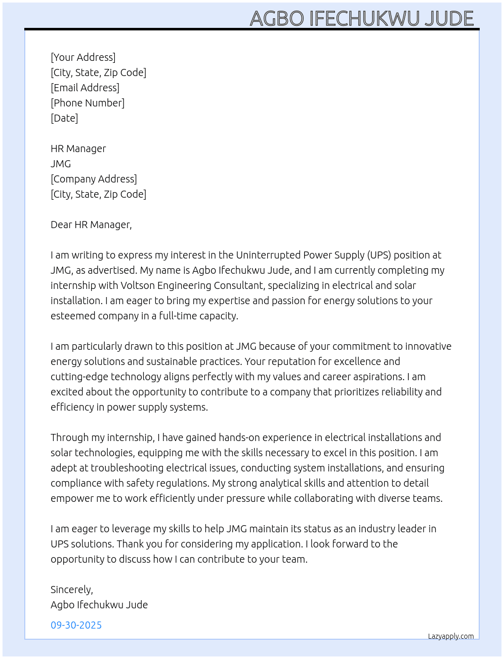 Uninterrupted power supply (ups) At JMG Cover Letter