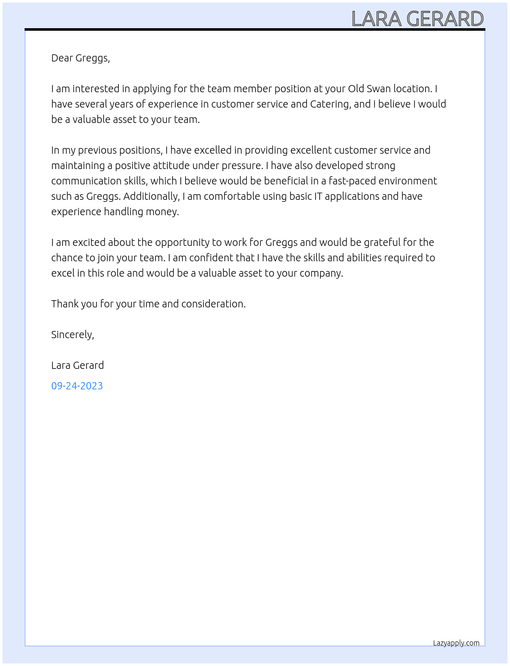 team member At greggs Cover Letter