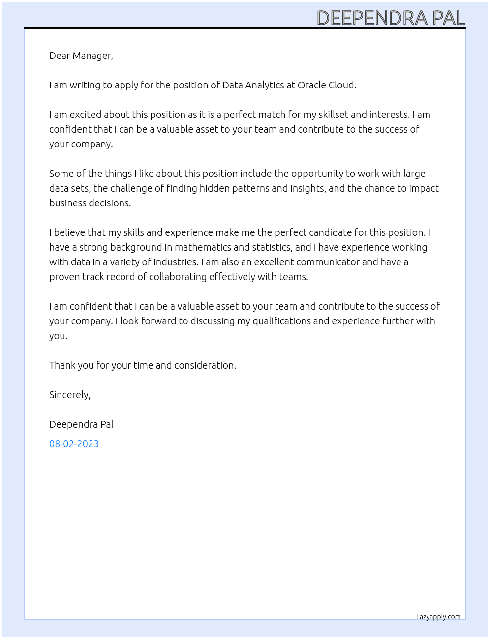 Data Analytics  At Oracle cloud  Cover Letter