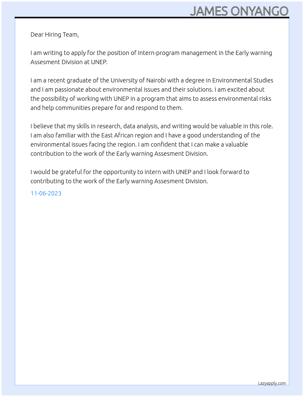 Intern-program management( Early warning Assesment Division)  At UNEP Cover Letter