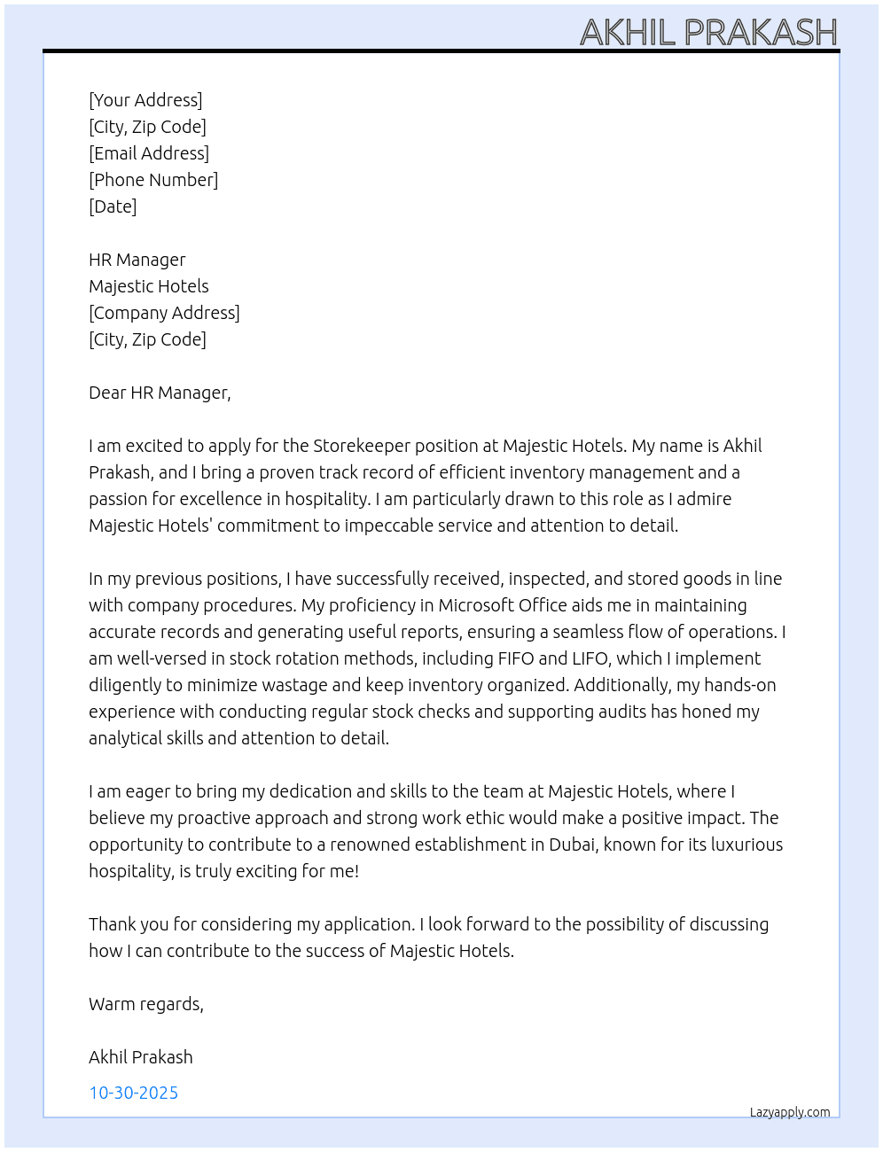 Storekeeper  At Majestic Hotels Cover Letter