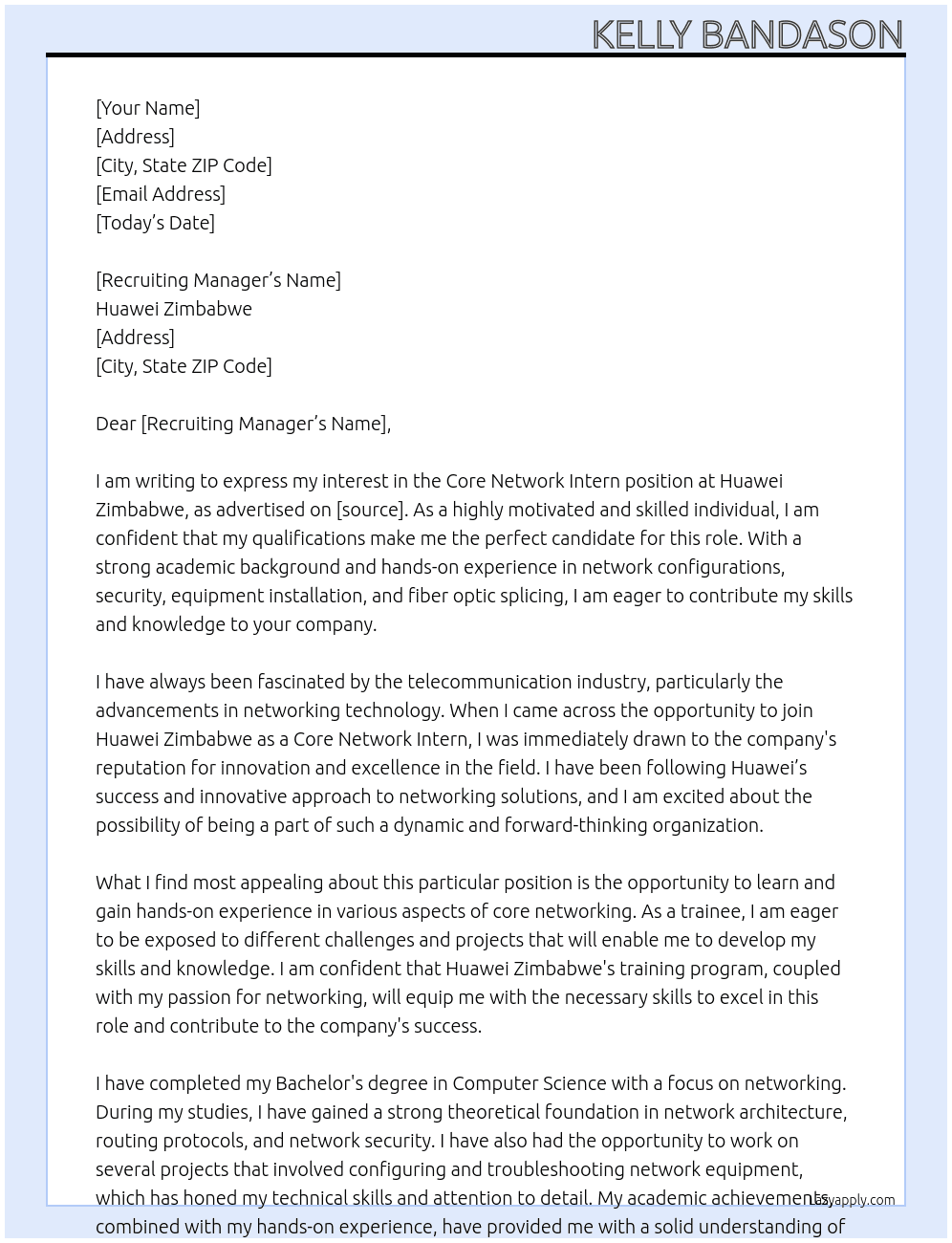 Core Network Intern At Huawei Zimbabwe Cover Letter