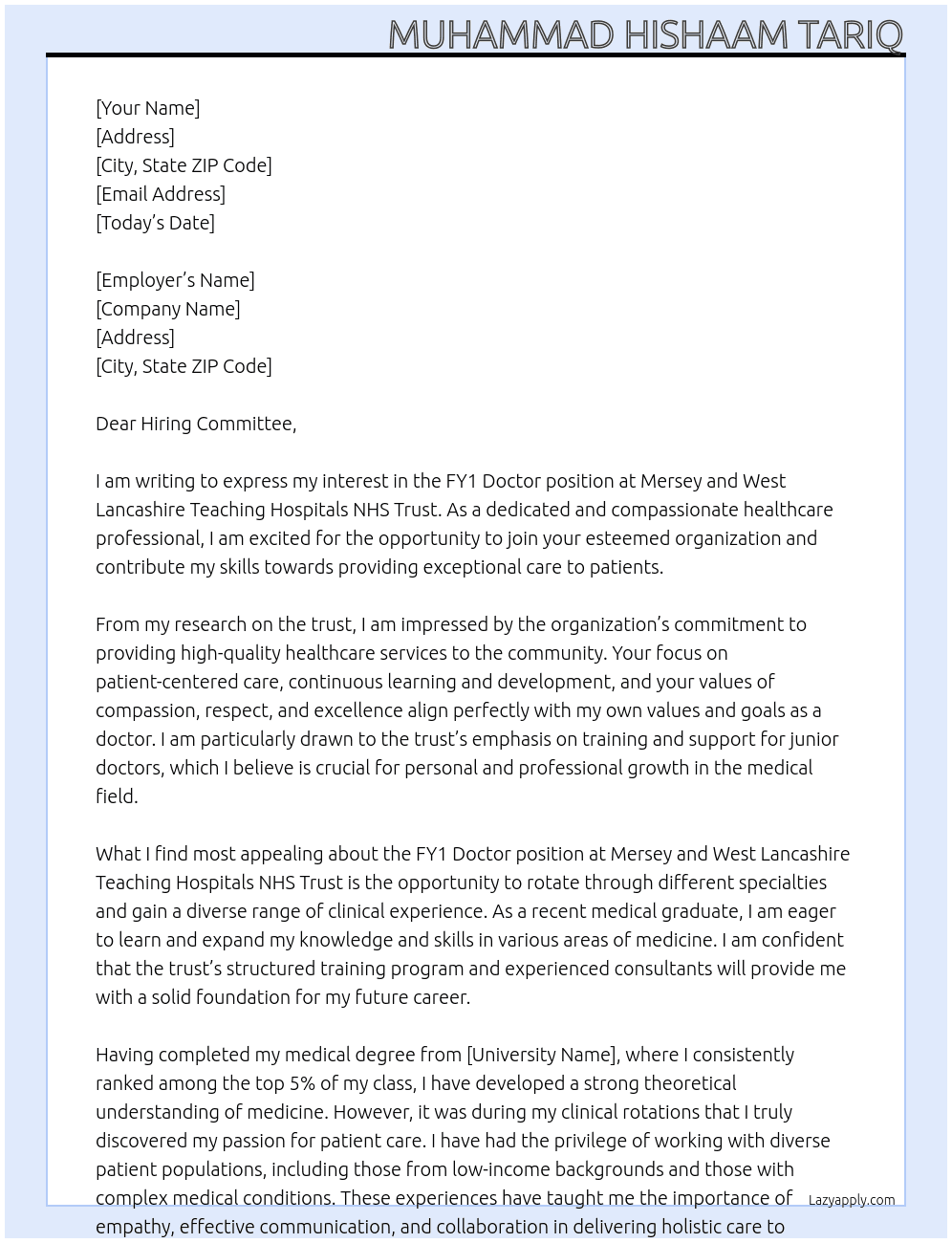 FY1 doctor At Mersey and West Lancashire Teaching Hospitals NHS Trust Cover Letter