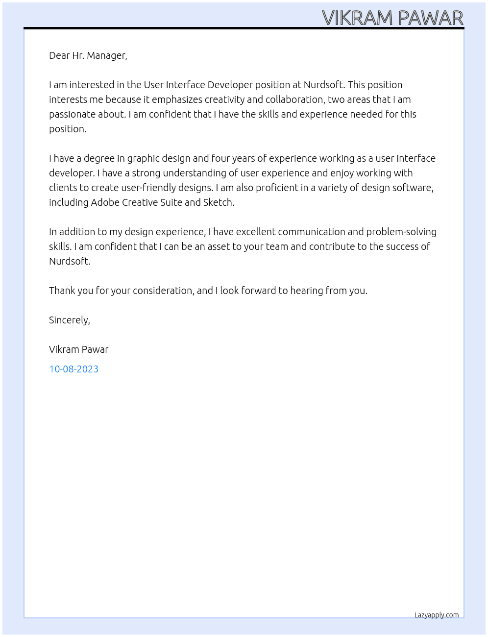 User Interface Developer At Nurdsoft Cover Letter