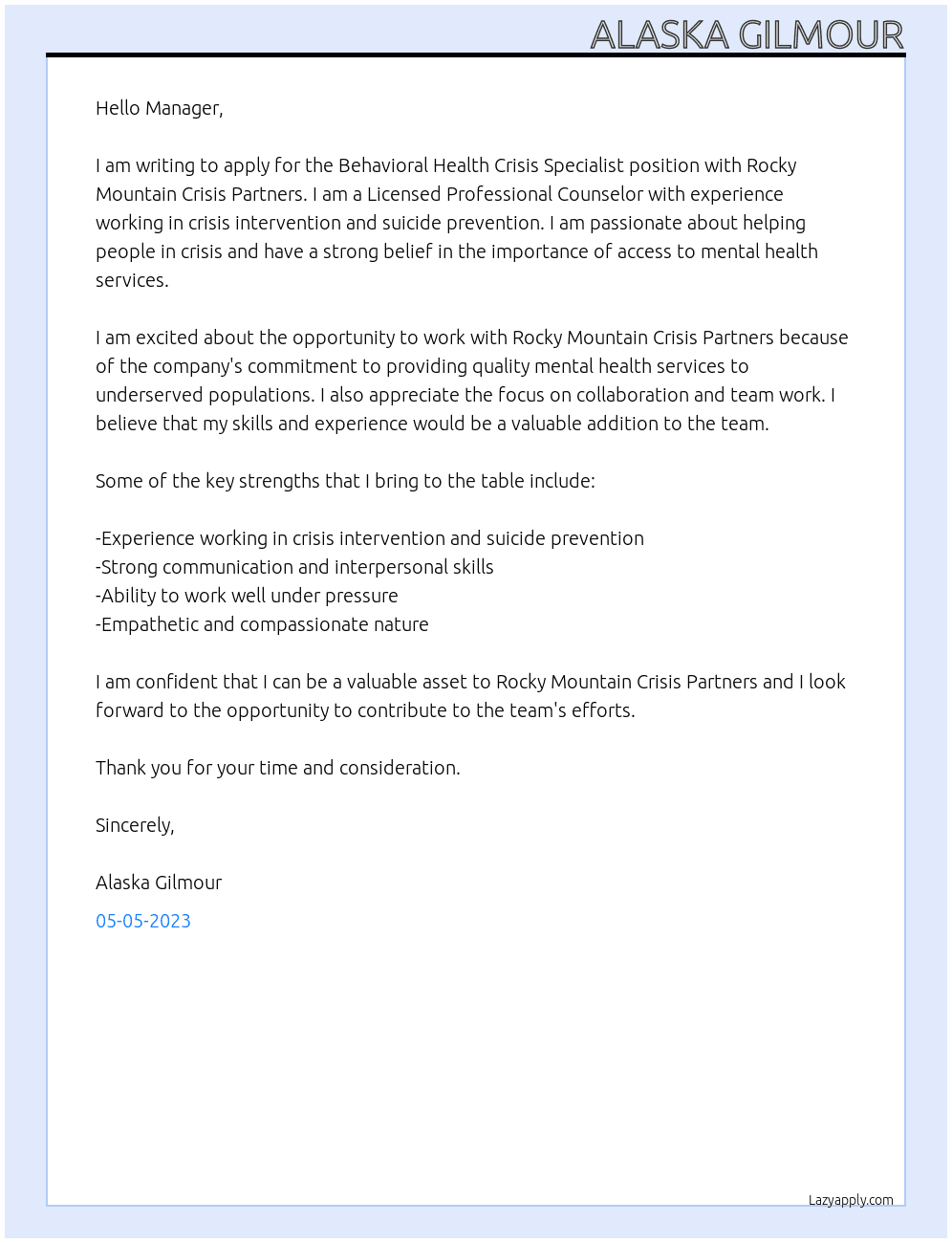 Behavioral Health Crisis Specialist  At Rocky Mountain Crisis Partners Cover Letter