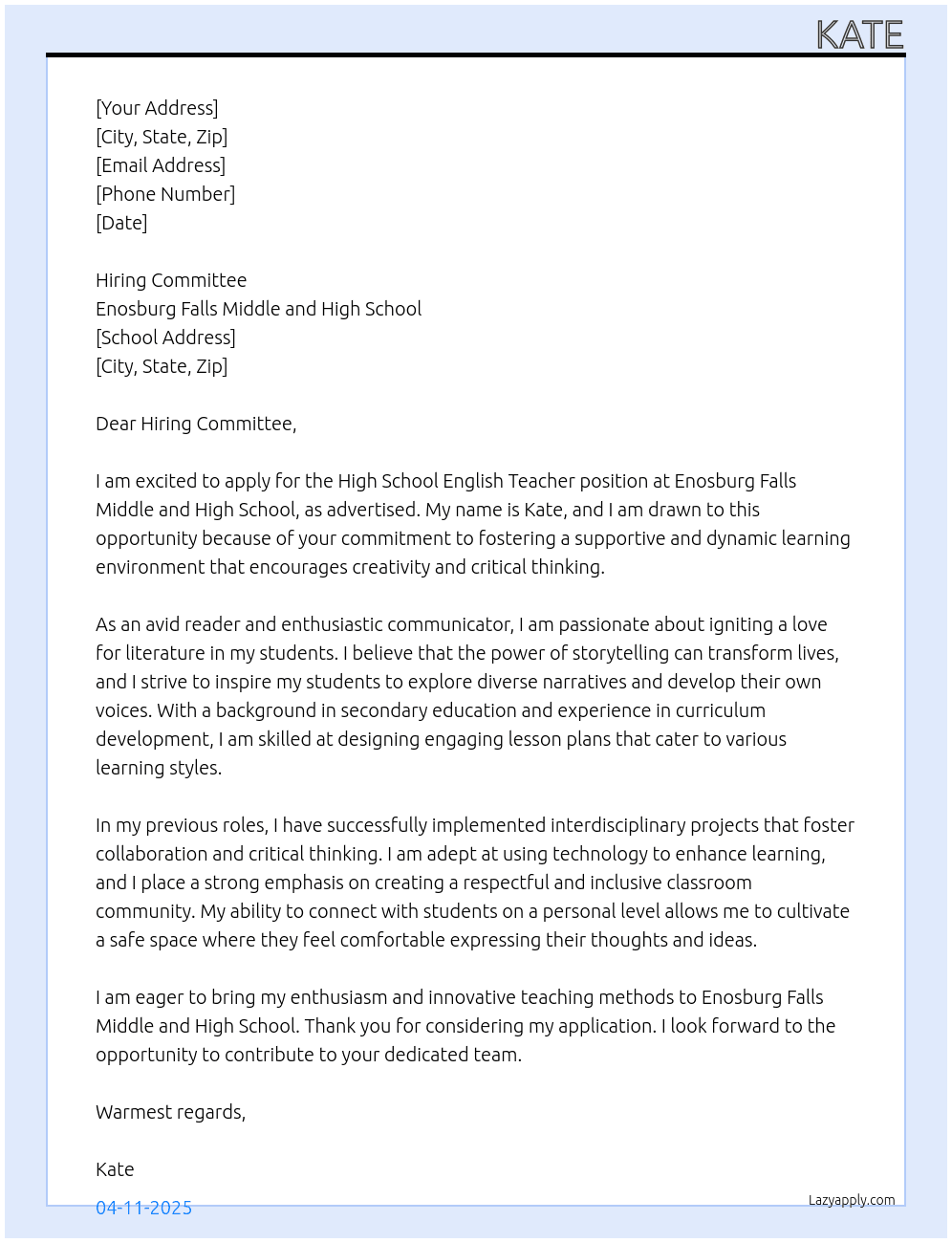High School English Teacher At Enosburg Falls Middle and High School Cover Letter