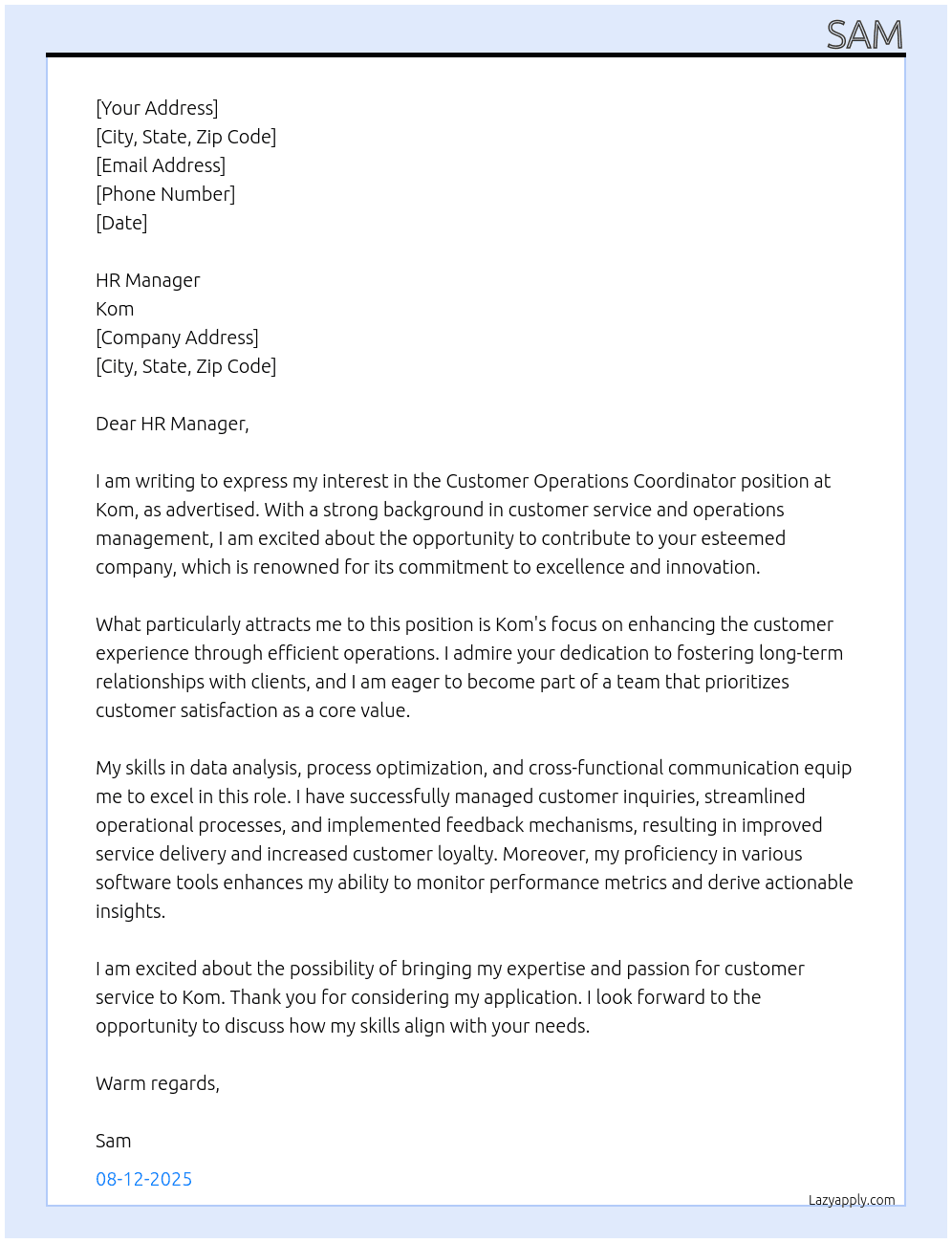 Customer Operations Coordinator At kom Cover Letter