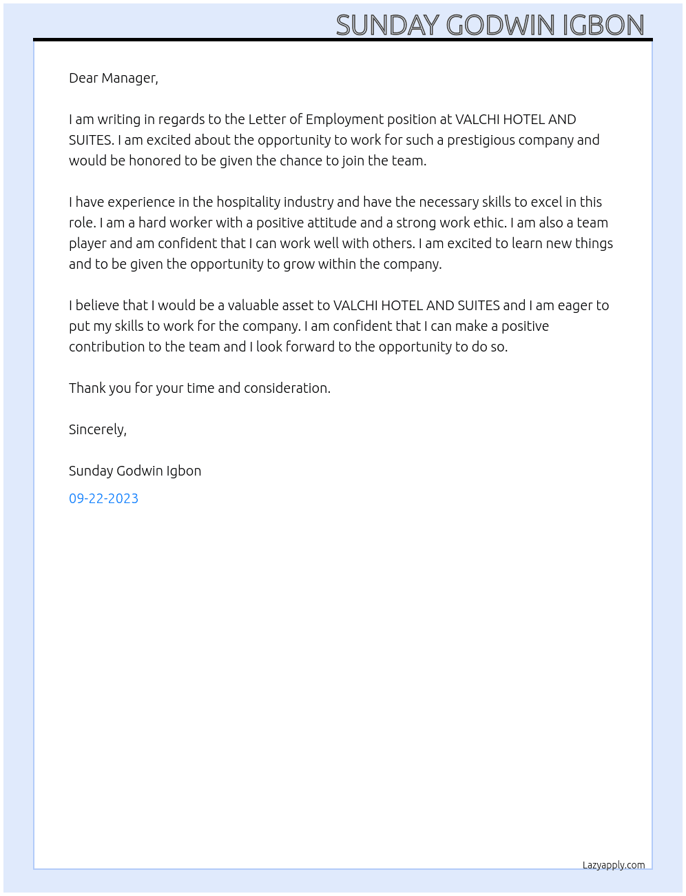 Letter of Employment  At VALCHI HOTEL AND SUITES  Cover Letter