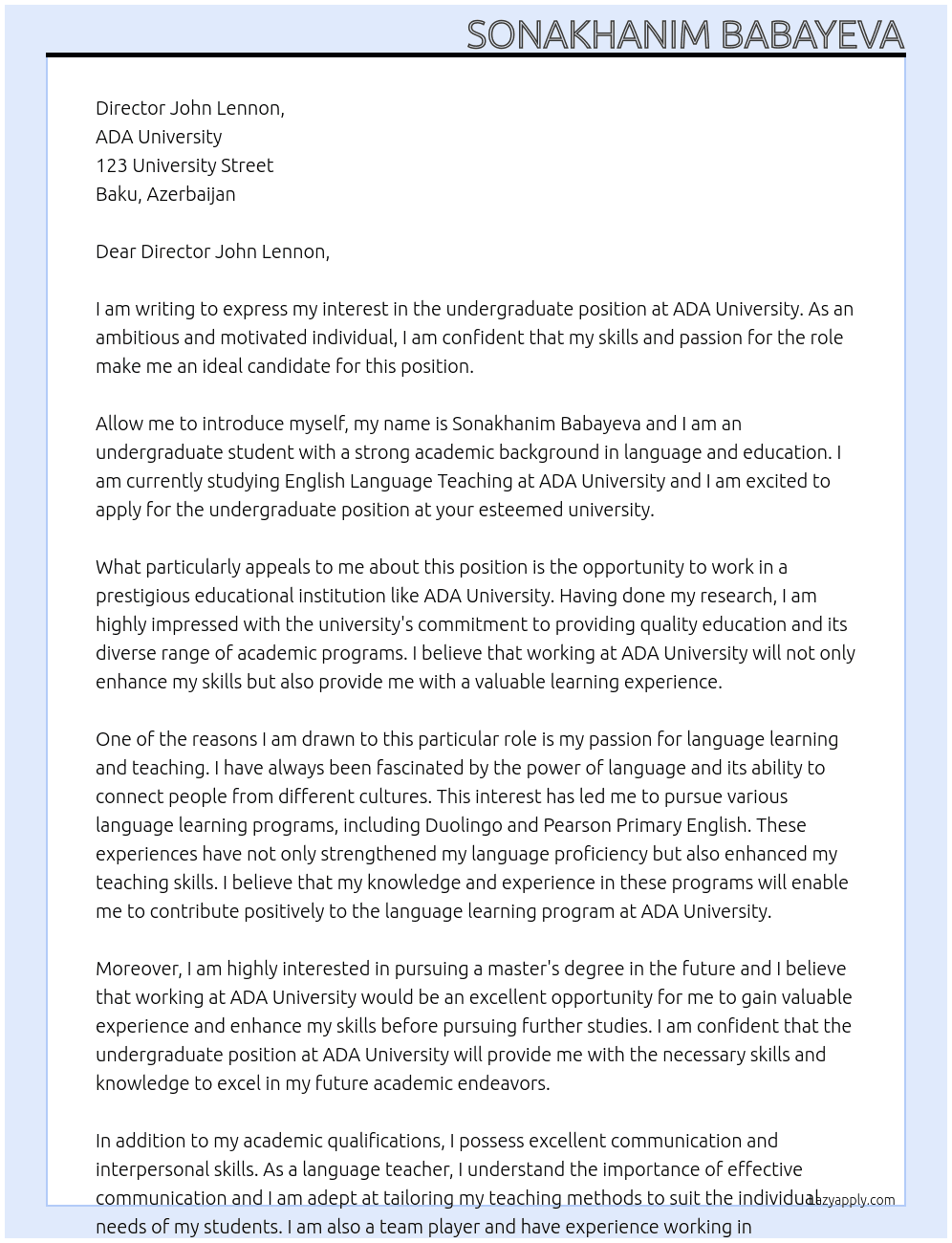 Undergraduate At ADA University Cover Letter