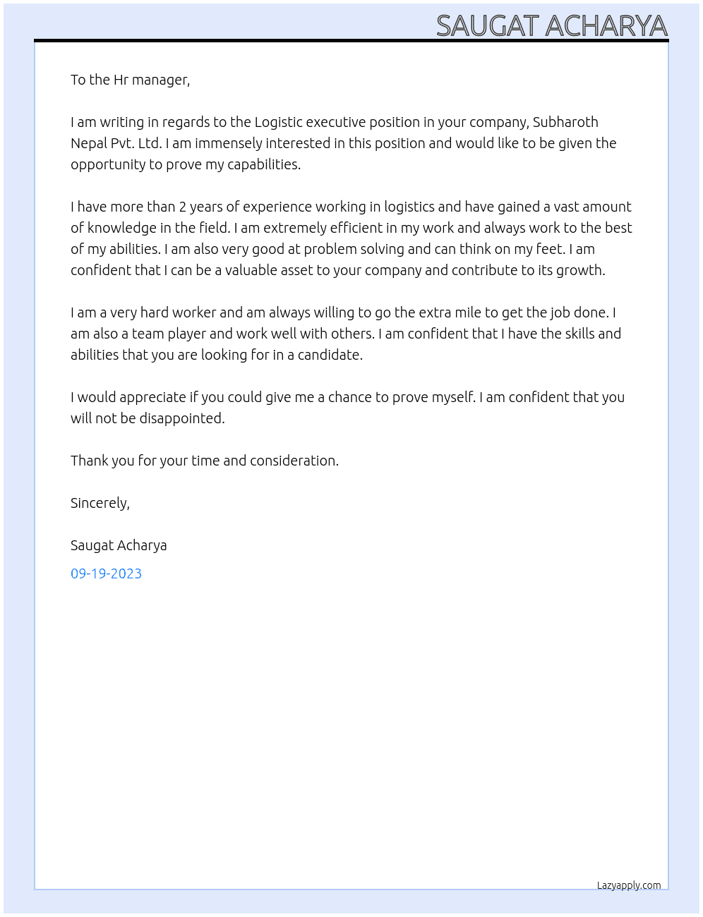 Logistic executive At Subharoth Nepal Pvt .Ltd Cover Letter