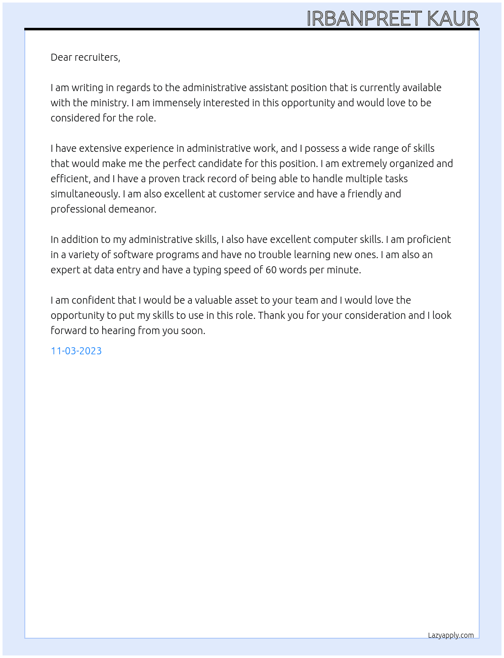 adminstrative assistant At ministry Cover Letter