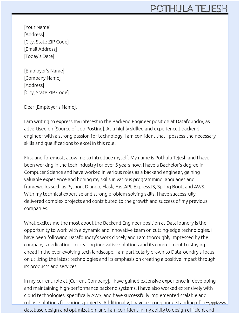 Backend Engineer At Datafoundry Cover Letter