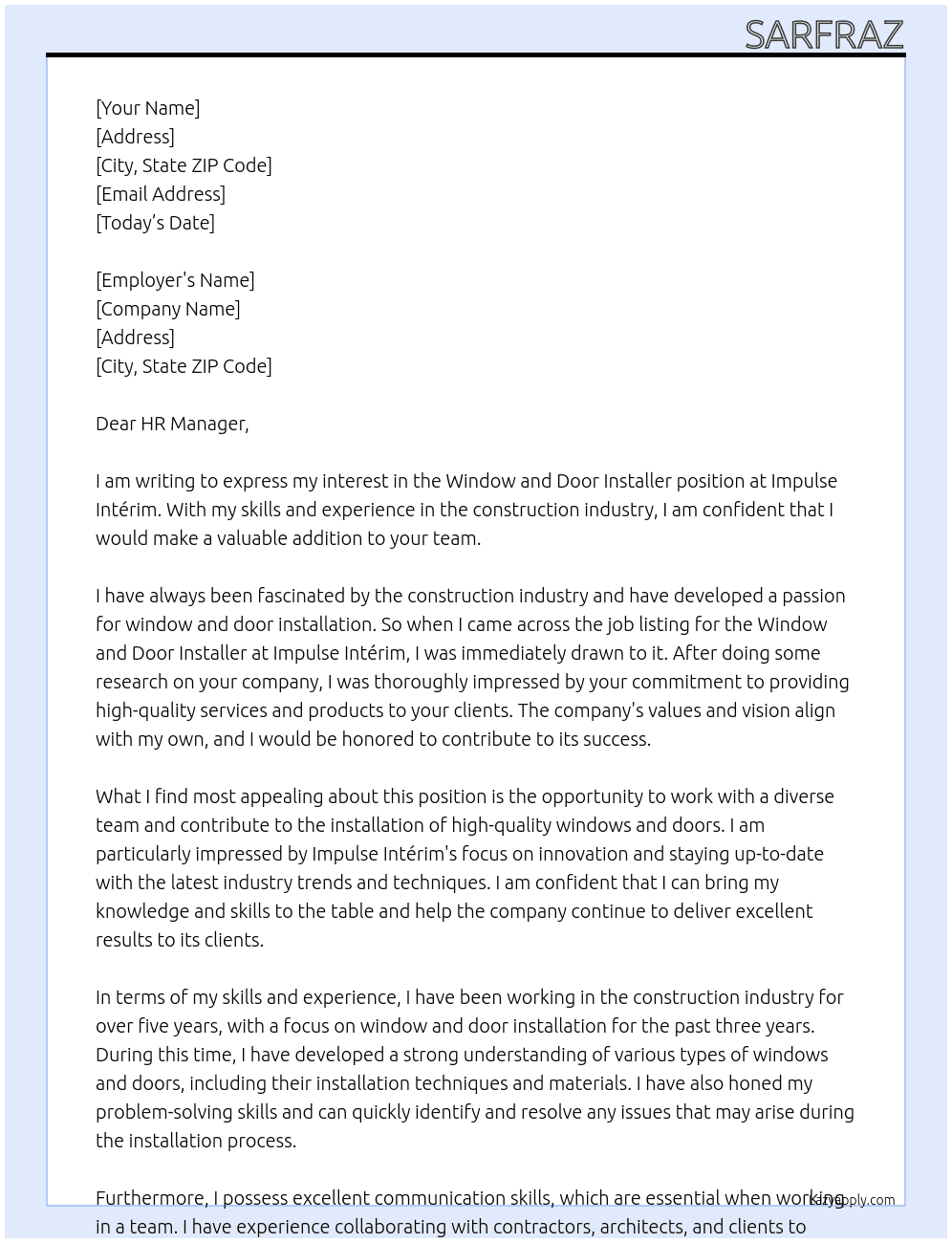 Window and door installer At Impulse Intérim Cover Letter