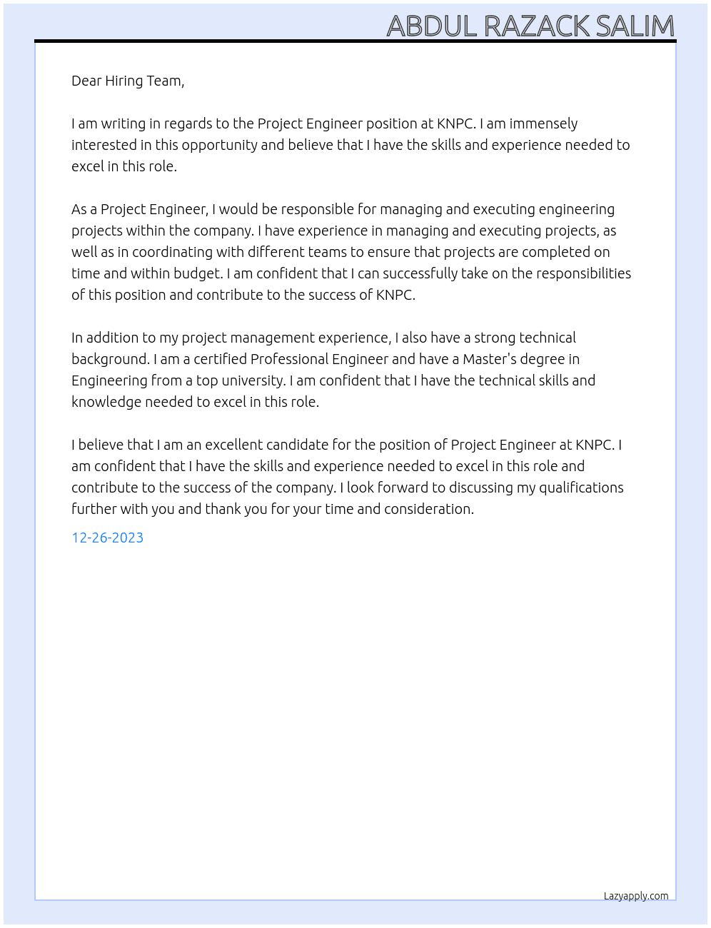 Project Engineer At KNPC Cover Letter