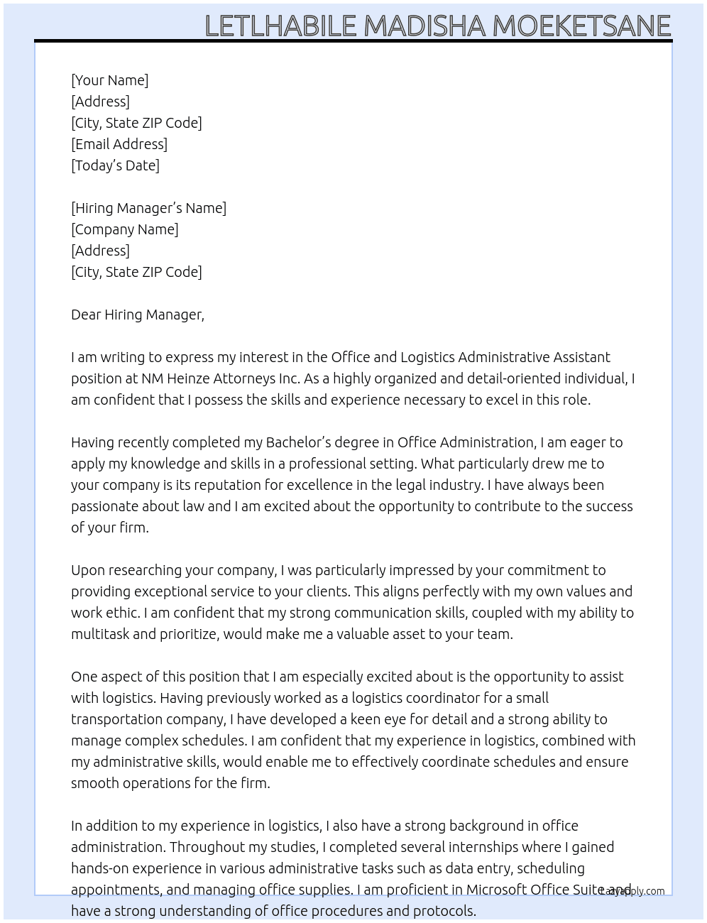 Cover letter for office and logistics administrative assistant - LazyApply