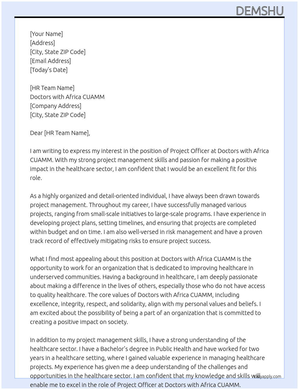 Project officer  At  Doctors with Africa CUAMM  Cover Letter