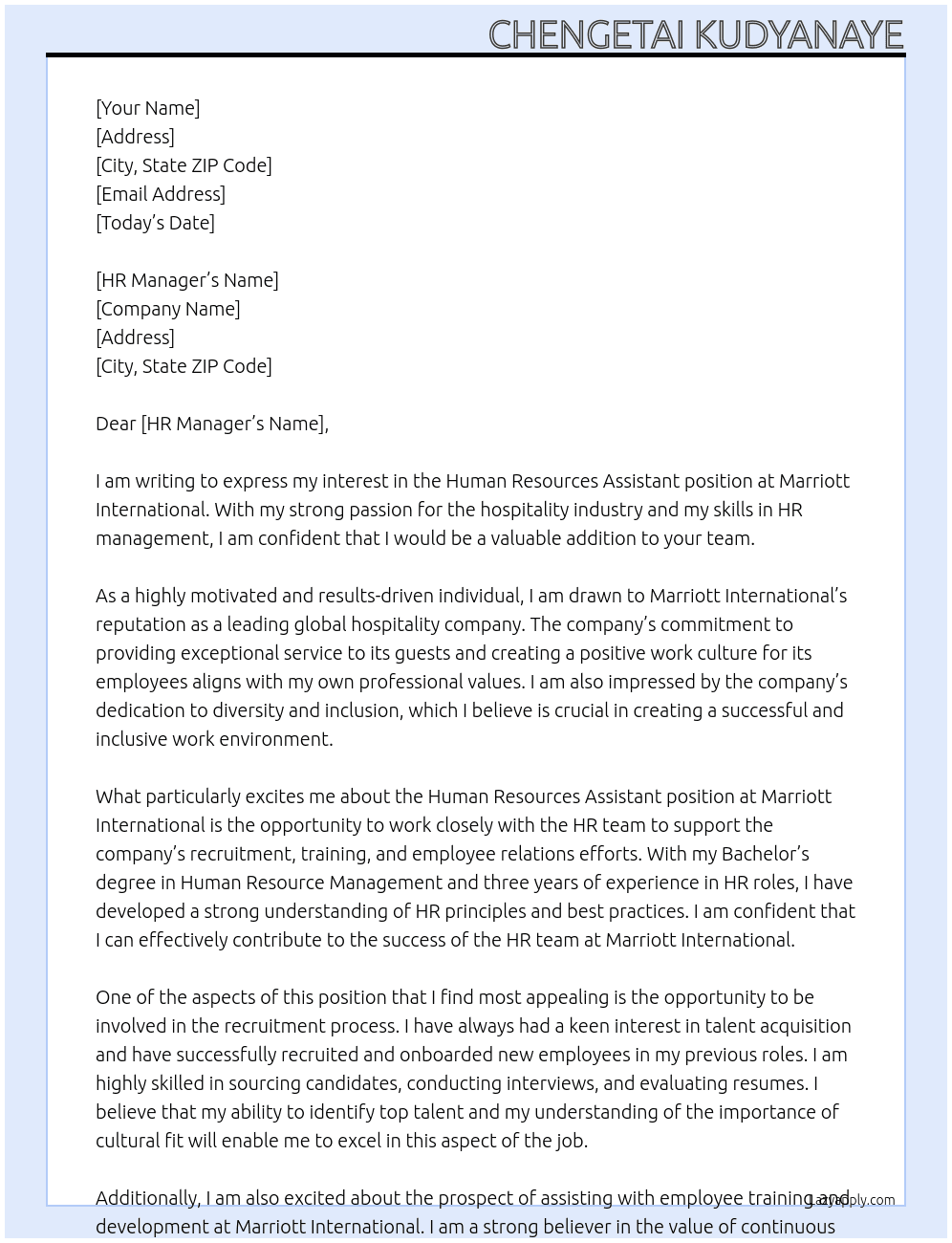 Human Resources Assistant  At Marriott International  Cover Letter