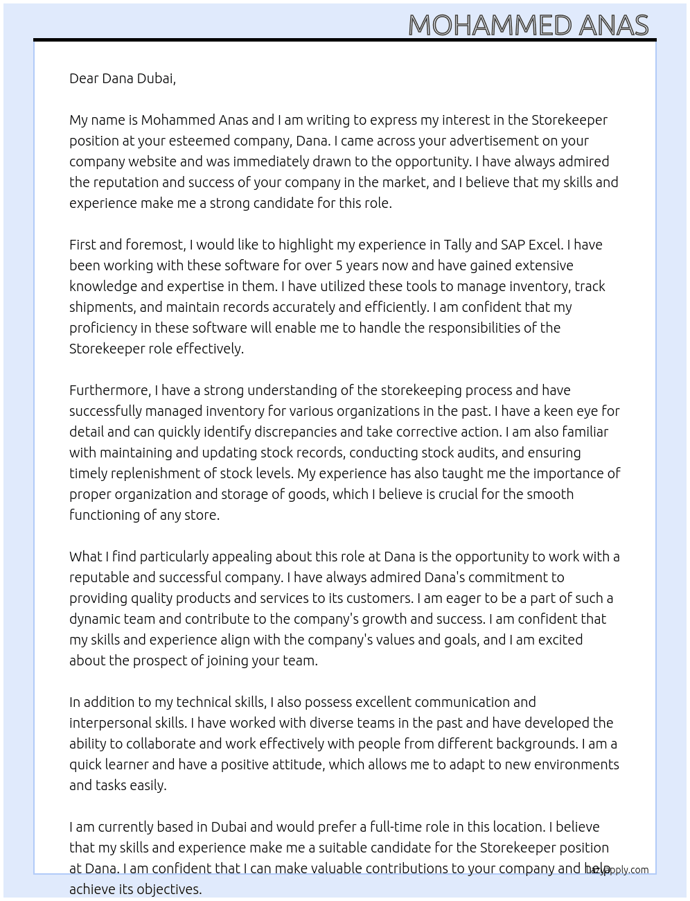storekeeper  At dana Cover Letter
