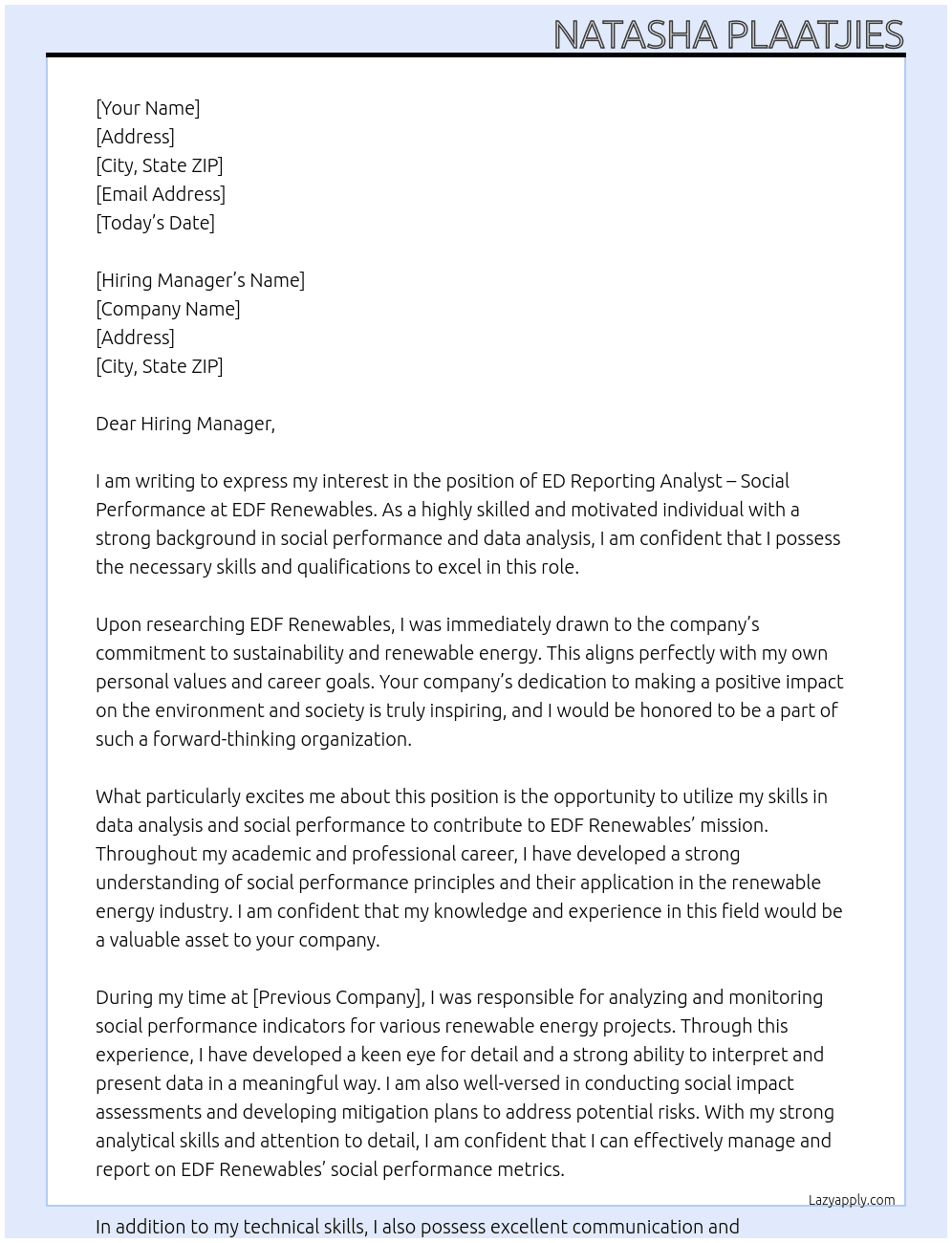 ED Reporting Analyst - Social Performance At EDF Renewables Cover Letter