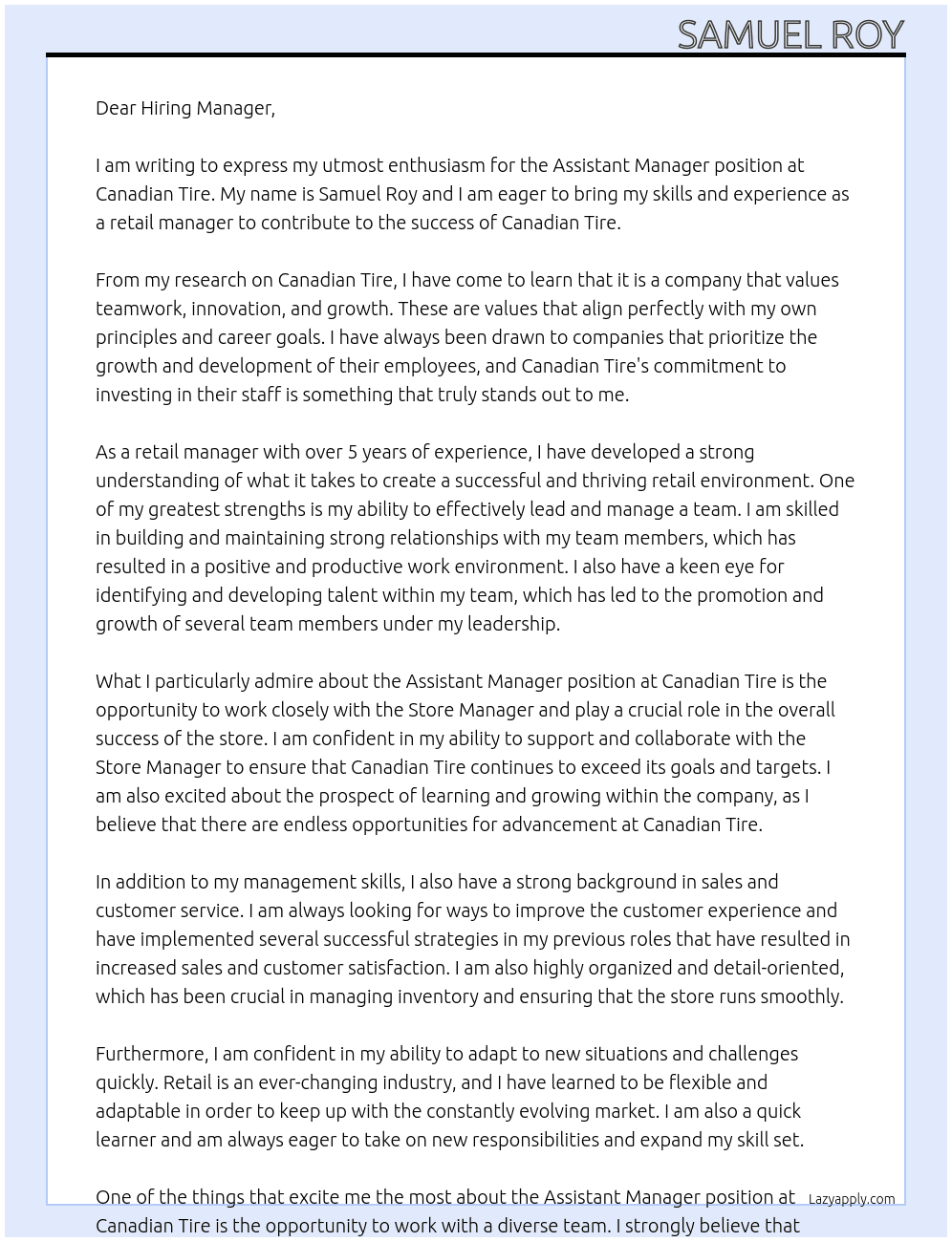 Assisstant manager At Canadian tire Cover Letter