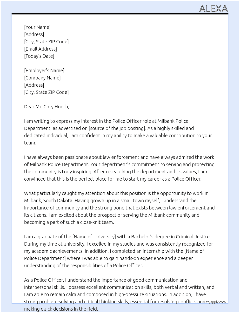 Police officer  At Milbank Police department  Cover Letter