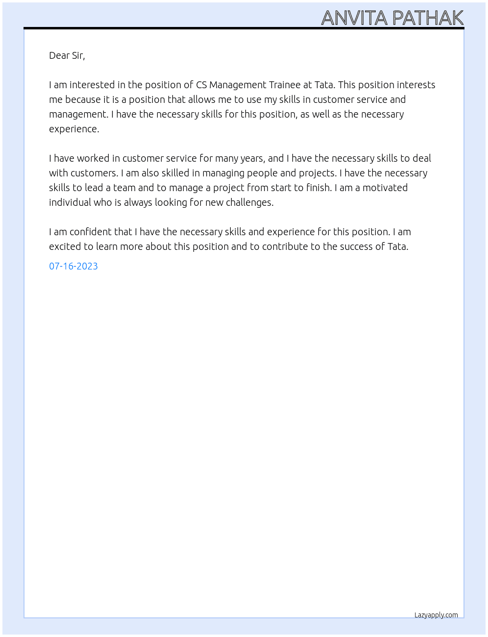 cs management trainee At tata Cover Letter